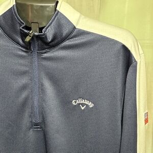 Callaway Men's Waffle Navy  White USA LS 1/4 Zip Pullover Golf Sweatshirt Size L